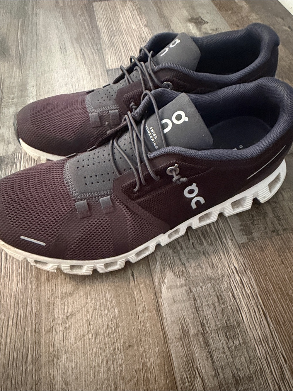 On Running Women's Cloud Sneakers in Burgundy and Black with White Sole